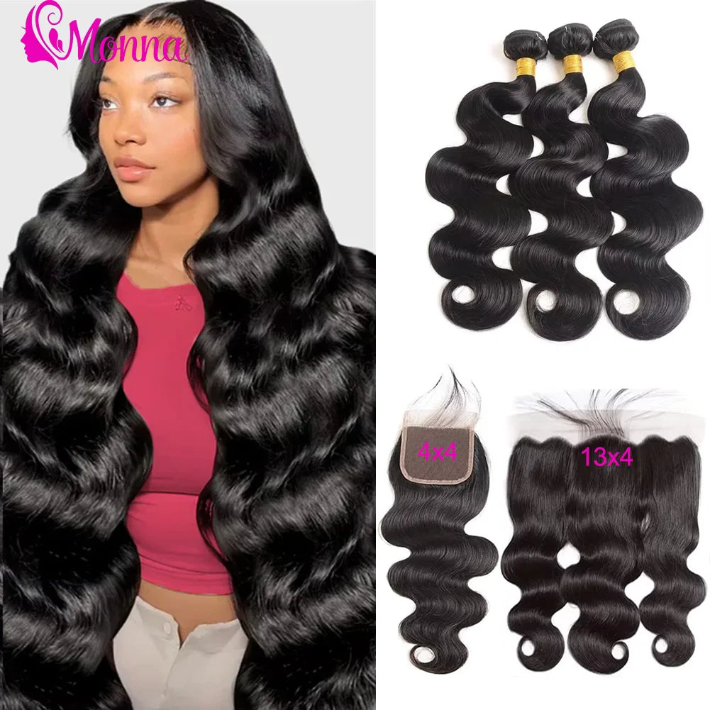 32 Inch Raw 100% Human Hair Bundles with Frontal Body Wave Human Hair Natural Black Raw Hair Bundles and Frontal For Extensions