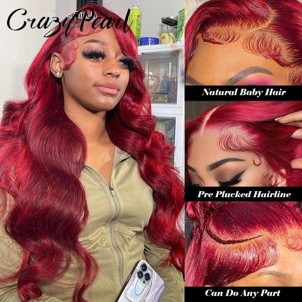 99J Burgundy Lace Front Wigs Human Hair Red Burgundy Wig 250% Density 13X6 Body Wave Lace Front Wigs Pre Plucked Glueless Lace