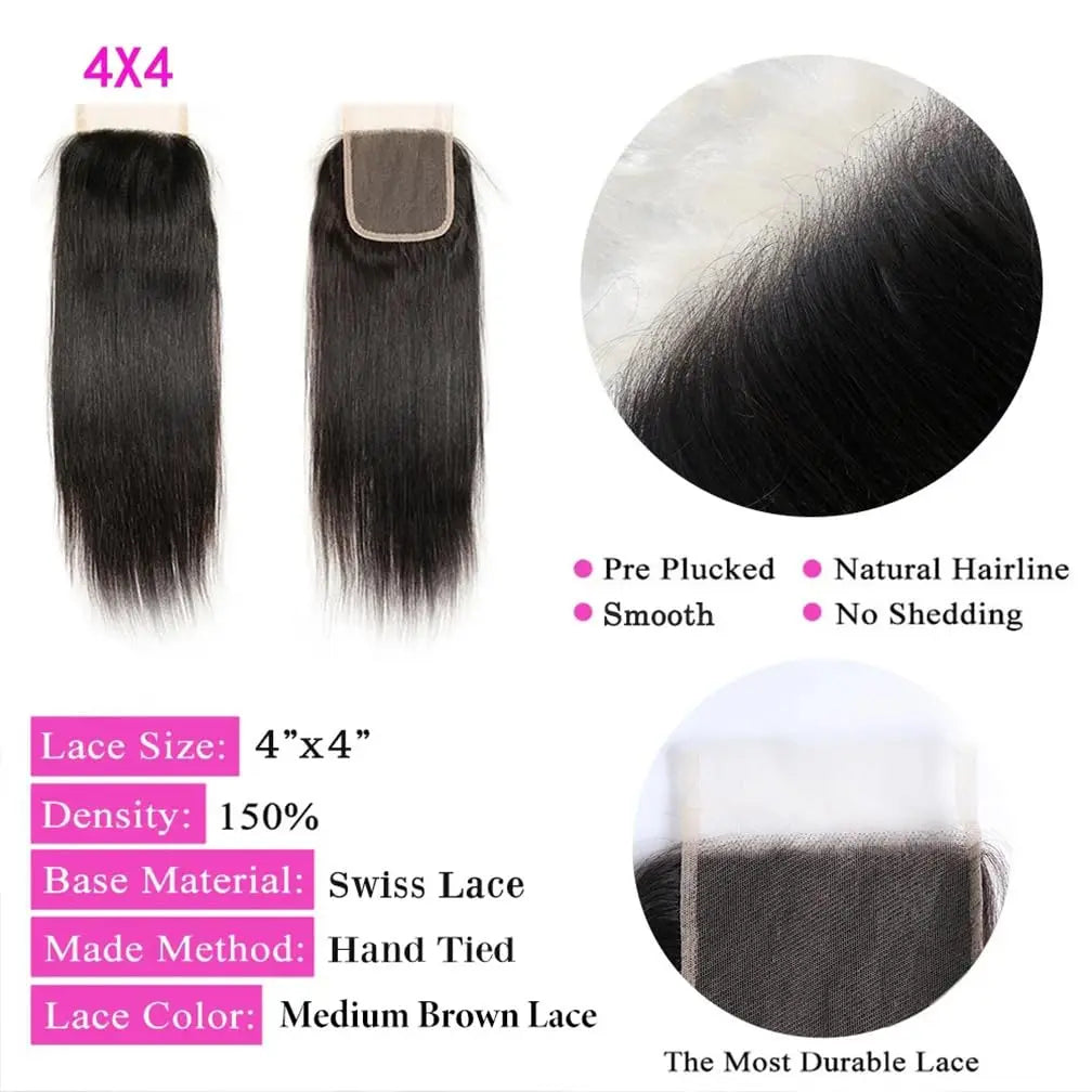 Straight Bundles and Closure Brazilian Human Hair 3 Bundles with 4x4 HD Closure Pre Plucked Natural Black Bundles with Closure