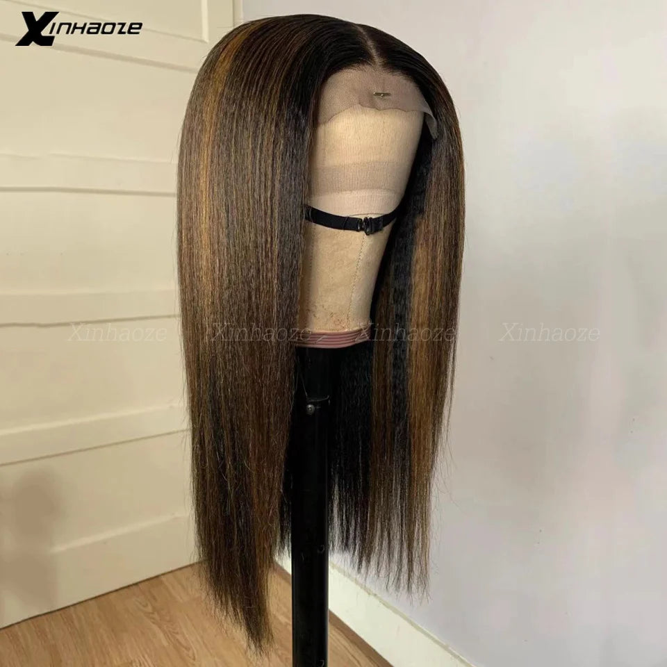 Highlight Kinky Straight Light Italian Yaki 13x6 Front Human Hair Wig Preplucked 180% Light Yaki Silk Top Human Hair Wigs