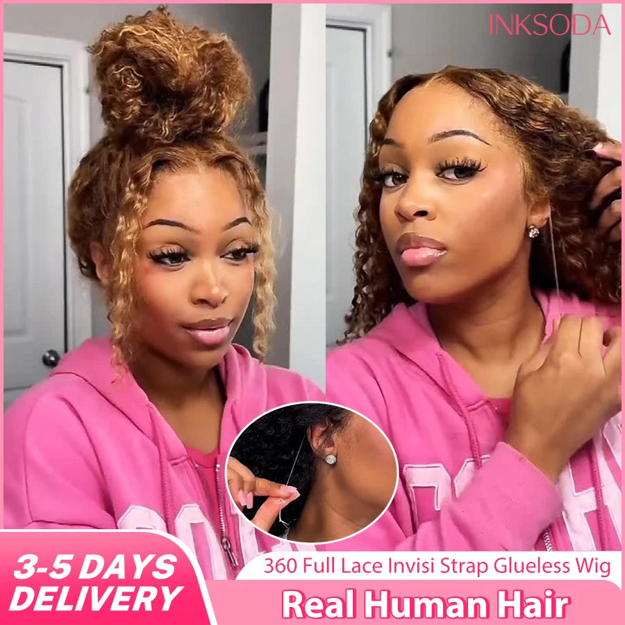 P427 Honey Blonde 360 Full Lace Wig High Light Curly Human Hair Pre-Plucked Deep Wave Glueless Invisible Strap Lace Frontal Wig