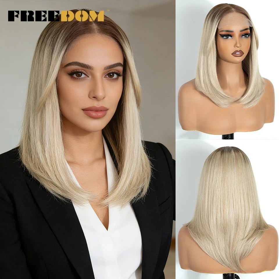FREEDOM Synthetic Lace Front Wigs For Black Women 6X4 Pre-plucked Lace Wig 18" Bob Ombre Brown Highlight Blonde Daily Use Wig