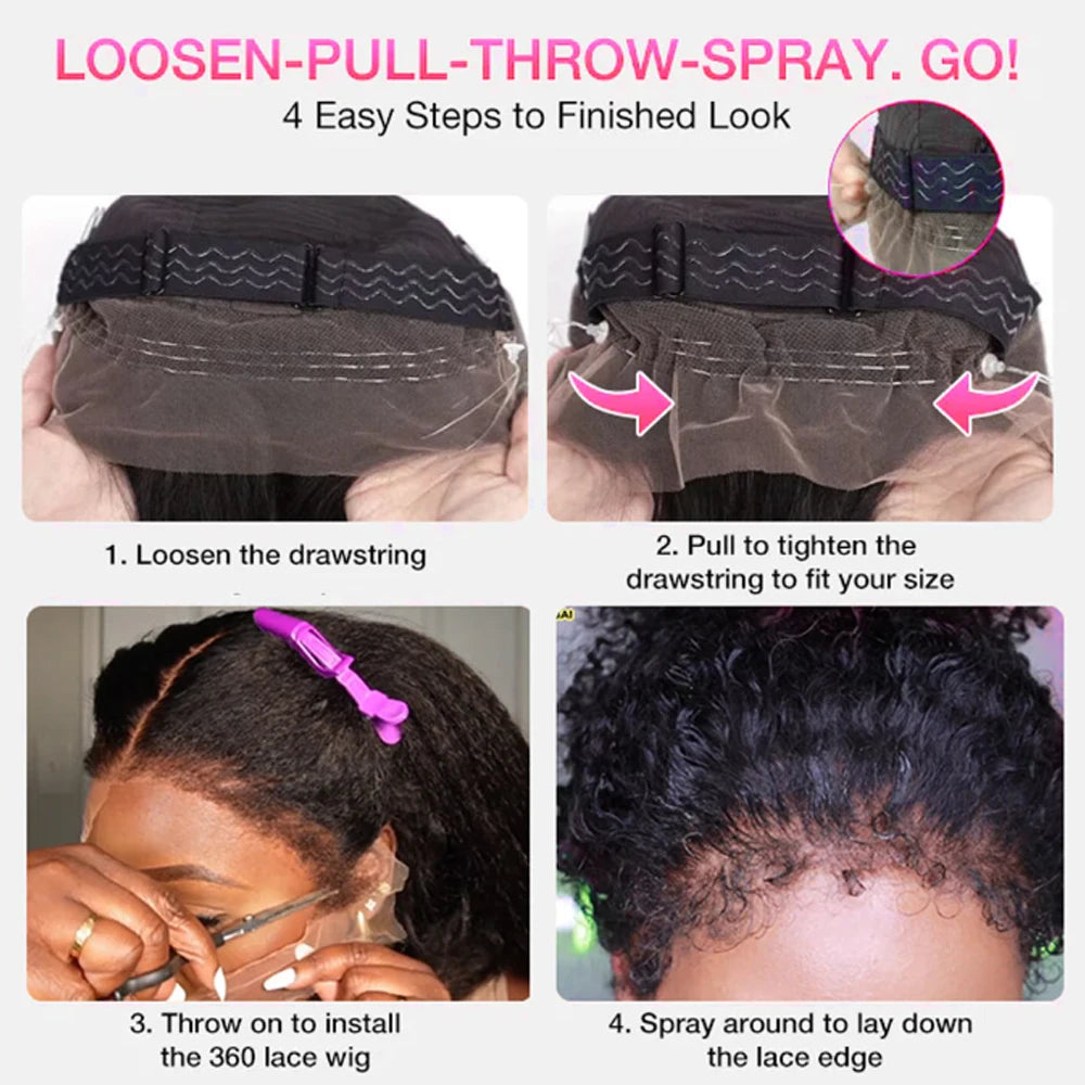 4C Kinky Edges Invisible Strap 360 HD Lace Wigs Human Hair Deep Curly 360 Full Lace Frontal Glueless Wigs with Curly Baby Hair
